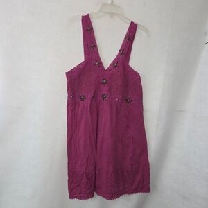 Magic Tiered Mini Dress Women 1X Magenta Purple Boho Smocked Cotton Studded